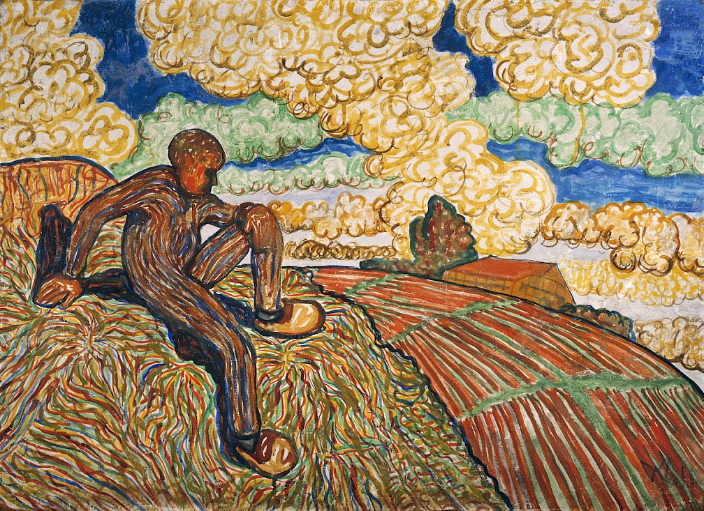 Wilhelm Morgners, Hügel, Leimtempera auf Graupappe, 85 × 117 cm, erworben 1929